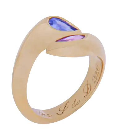 bague toi et moi en or jaune 18k sertie de saphirs rose bleu