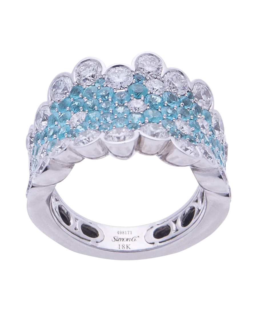 Bague LP2269 de la maison Simon G. avec Diamants et Tourmalines Paraiba. VIRTU LUXURY.