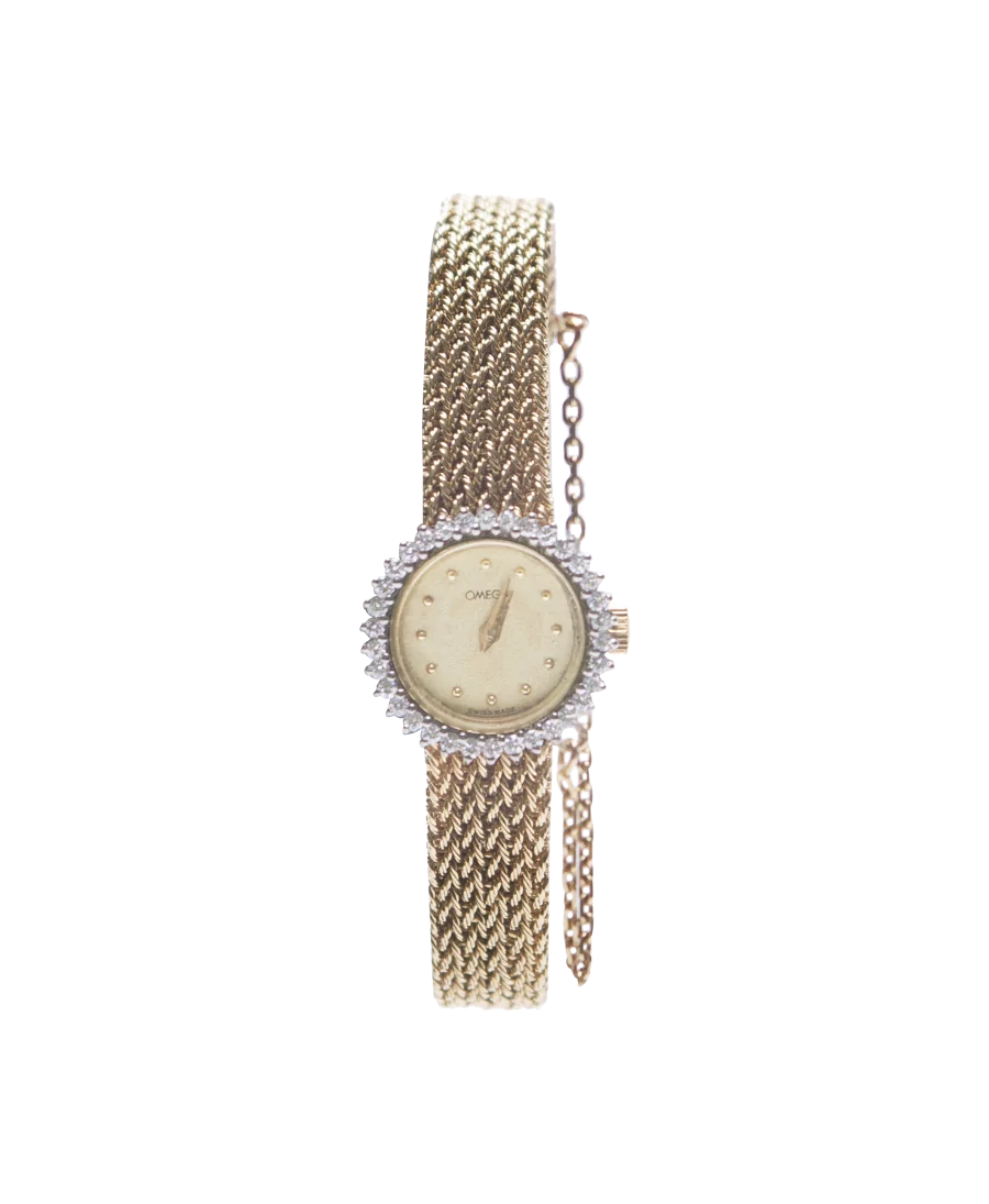 Montre Omega en Or jaune 18 Carats avec des Diamants. Disponible chez VIRTU LUXURY.