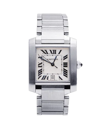 Montre Bracelet TANK Française Date de la maison de luxe Cartier. Disponible chez VIRTU LUXURY.