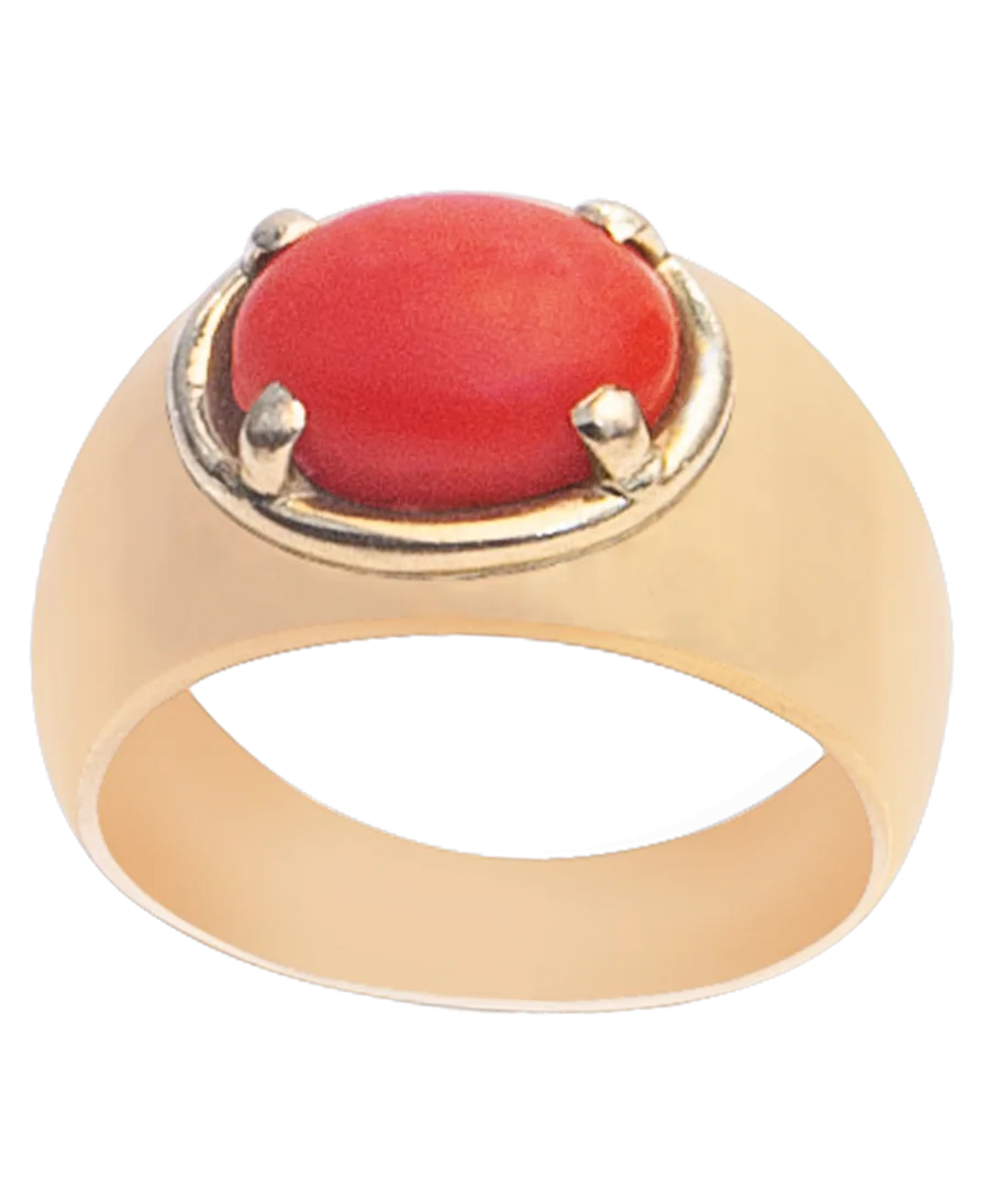 Bague Corail - Bague rouge cabochon - Bague or jaune 18 K - Bague dôme - VIRTU LUXURY