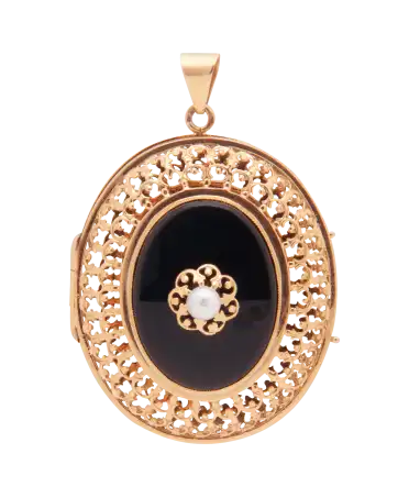 bijoux en or - pendentif médaillon en or avec perle et onyx noire - disponible en bijouterie chez VIRTU LUXURY