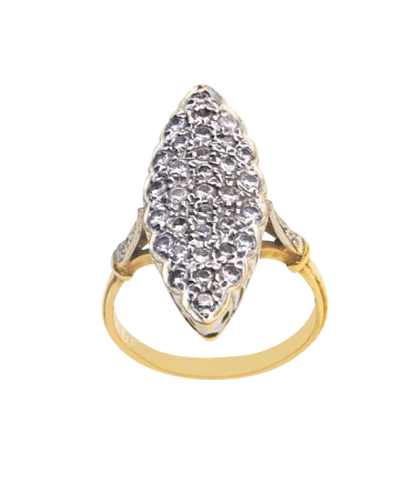 Bague Marquise en Fête avec 2 Ors blanc et jaune. Disponible chez VIRTU LUXURY.