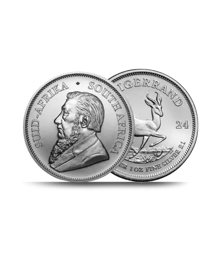 avers et revers de la pièce d'argent KRUGERRAND 1ONCE SILVER chez VIRTU LUXURY