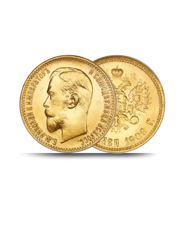 Avers et Revers de la pièce d'or 5 ROUBLES RUSSES à l'effigie de NICOLAS II disponible chez VIRTU LUXURY