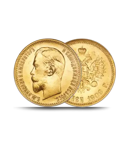 Avers et Revers de la pièce d'or 5 ROUBLES RUSSES à l'effigie de NICOLAS II disponible chez VIRTU LUXURY