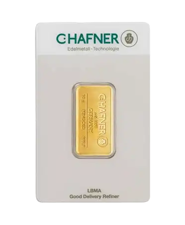 avant du lingotin étampé de 10 Grammes de C. HAFNER d'or pur 24K recyclé en vente disponible chez VIRTU LUXURY