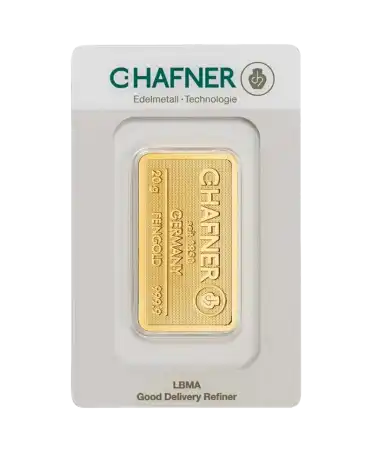 avant du lingot étampé de 20 Grammes de C. HAFNER d'or pur 24K en vente disponible chez VIRTU LUXURY