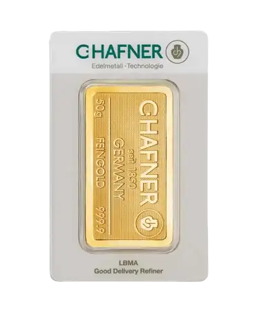 avant du lingot étampé de 50 Grammes de C. HAFNER d'or pur 24K en vente disponible chez VIRTU LUXURY