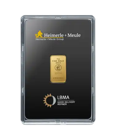 avant du lingot de 5 Grammes de HEIMERLE ET MEULE d'or pur 24K en vente disponible chez VIRTU LUXURY