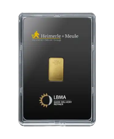 avant du lingot de 2,5 Grammes de HEIMERLE ET MEULE d'or recyclé pur 24K en vente disponible chez VIRTU LUXURY