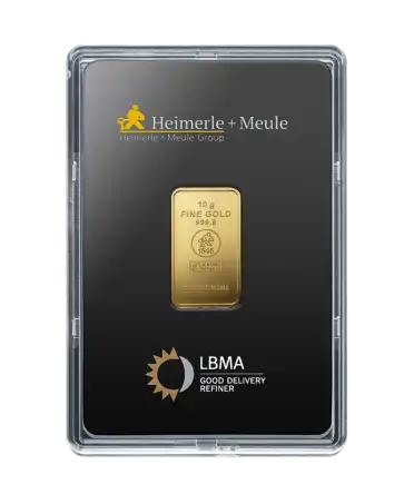 avant du lingot frappé de 10 Grammes de HEIMERLE + MEULE d'or pur 24K en vente disponible chez VIRTU LUXURY