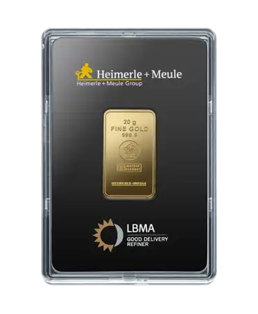 avant du lingot de 20 Grammes de HEIMERLE + MEULE d'or pur 24K en vente disponible chez VIRTU LUXURY