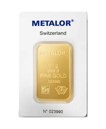 avant du lingot étampé de 50 Grammes d'or pur 24K de chez METALOR en vente disponible chez VIRTU LUXURY