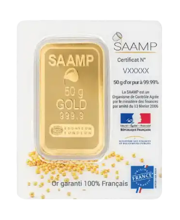 avant du lingot de 50 Grammes d'or SAAMP pur 24K en vente disponible chez VIRTU LUXURY