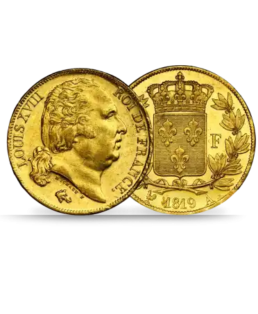 pièce de LOUIS D'OR ou encore la 20 Francs Or LOUIS XVIII disponible chez VIRTU LUXURY